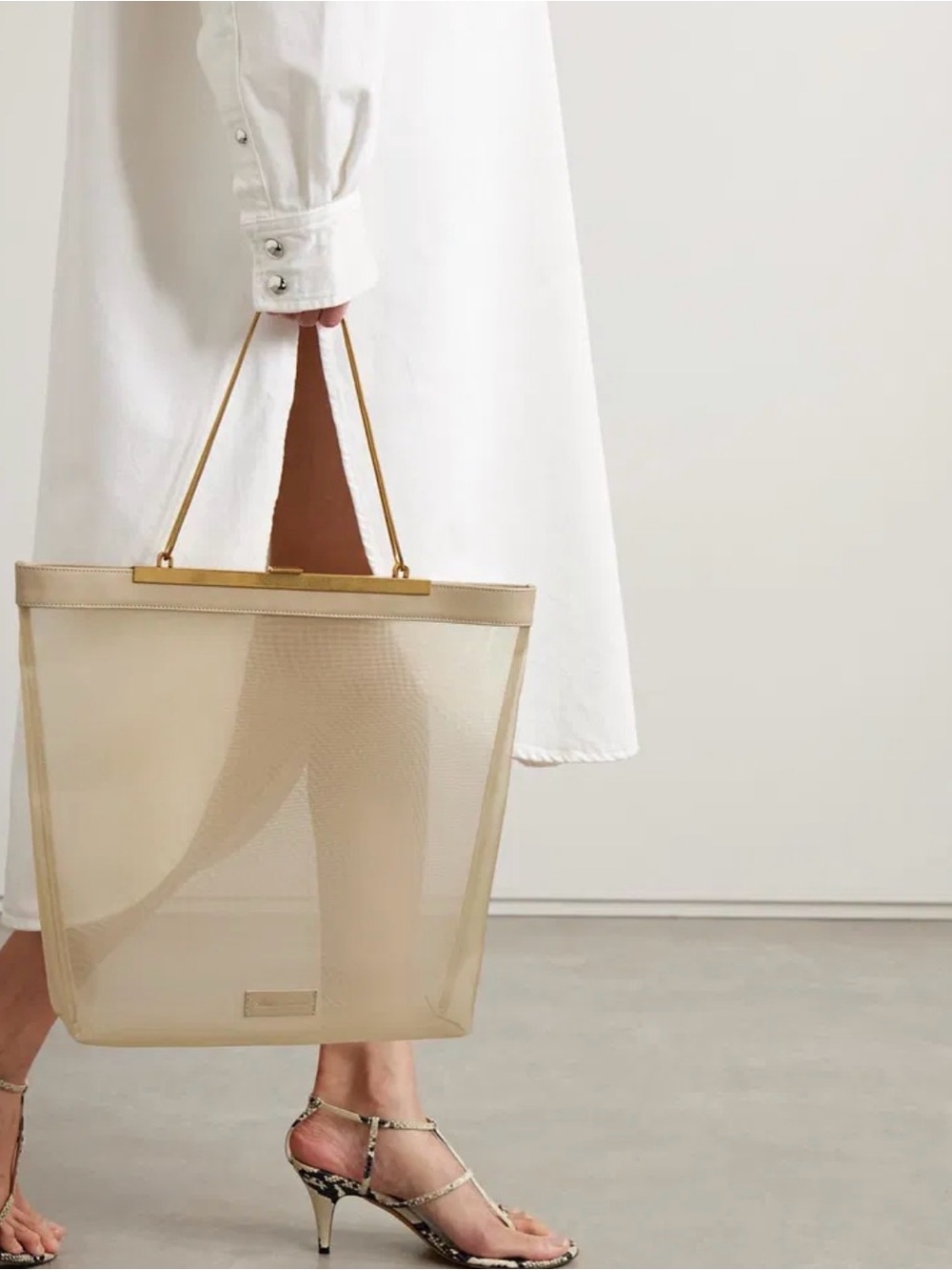 KHAITE Beige Mesh Tote with Gold Handles